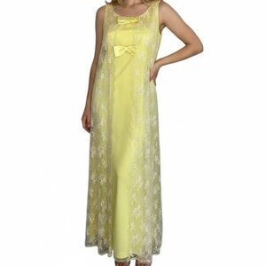 Vintage 60s 70s Yellow Formal Lace Maxi Dress with Bow Details